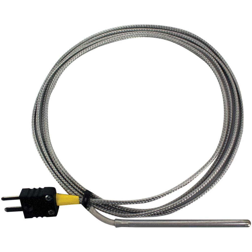 Thermocouple Sensor, 3" Straight Probe with 60" Flexible Armored Leads and Attached Mini Plug