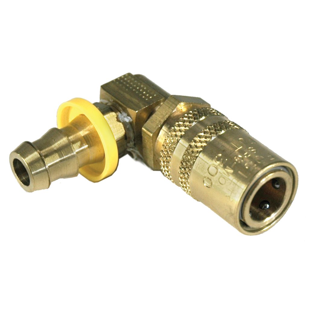 Coupler, 3/8" Passage, 90 Degree, 1/2" Hose Barb Push-On, 318P Series.