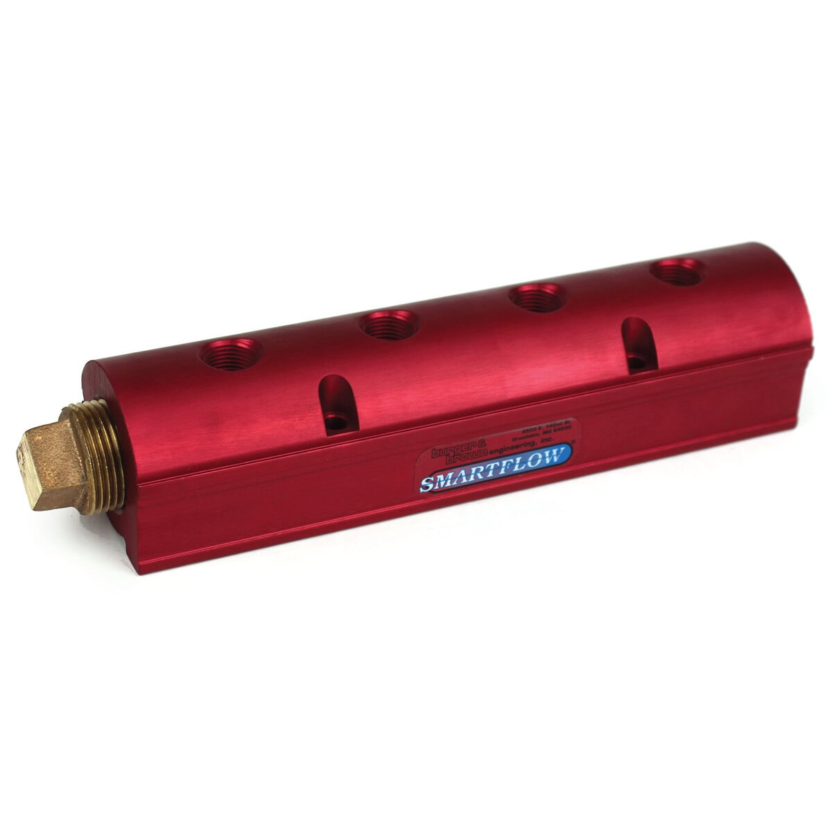 Manifold, Red Aluminum, (2) 1" Inlets and (4) 3/8" Ports, with (1) Bronze End Plug - Image 1
