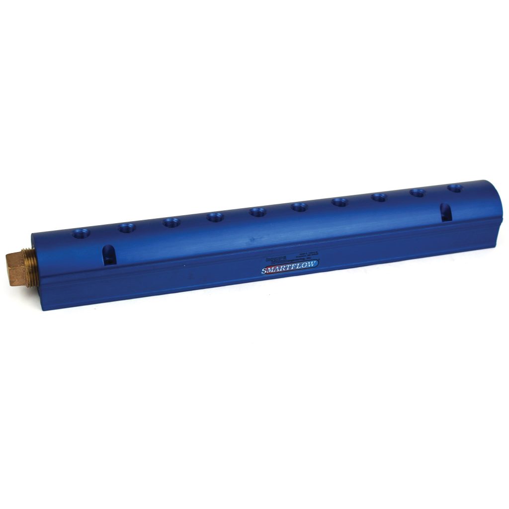 Manifold, Blue Aluminum, (2) 1-1/2" Inlets and (10) 1/2" Ports, with (1) Bronze End Plug