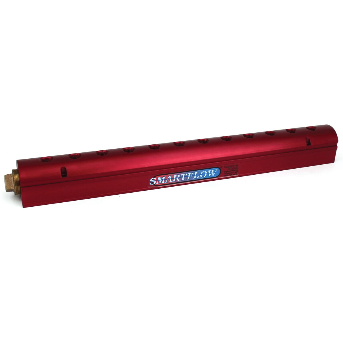 Manifold, Red Aluminum, (2) 1-1/2" Inlets and (12) 1/2" Ports, with (1) Bronze End Plug - Image 1
