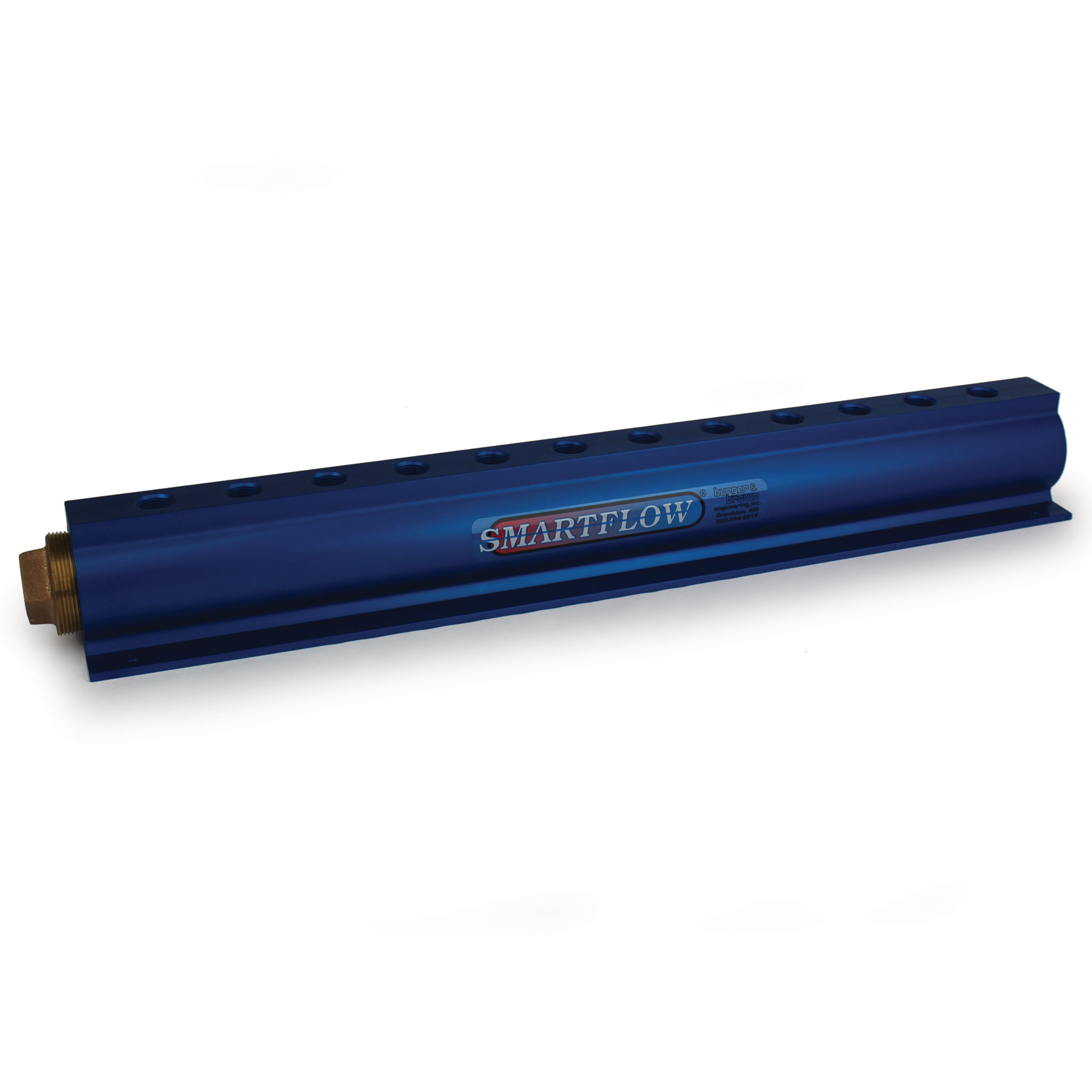 Manifold, Blue Aluminum, (2) 2" Inlets and (12) 1/2" Ports, with (1) Bronze End Plug - Image 1