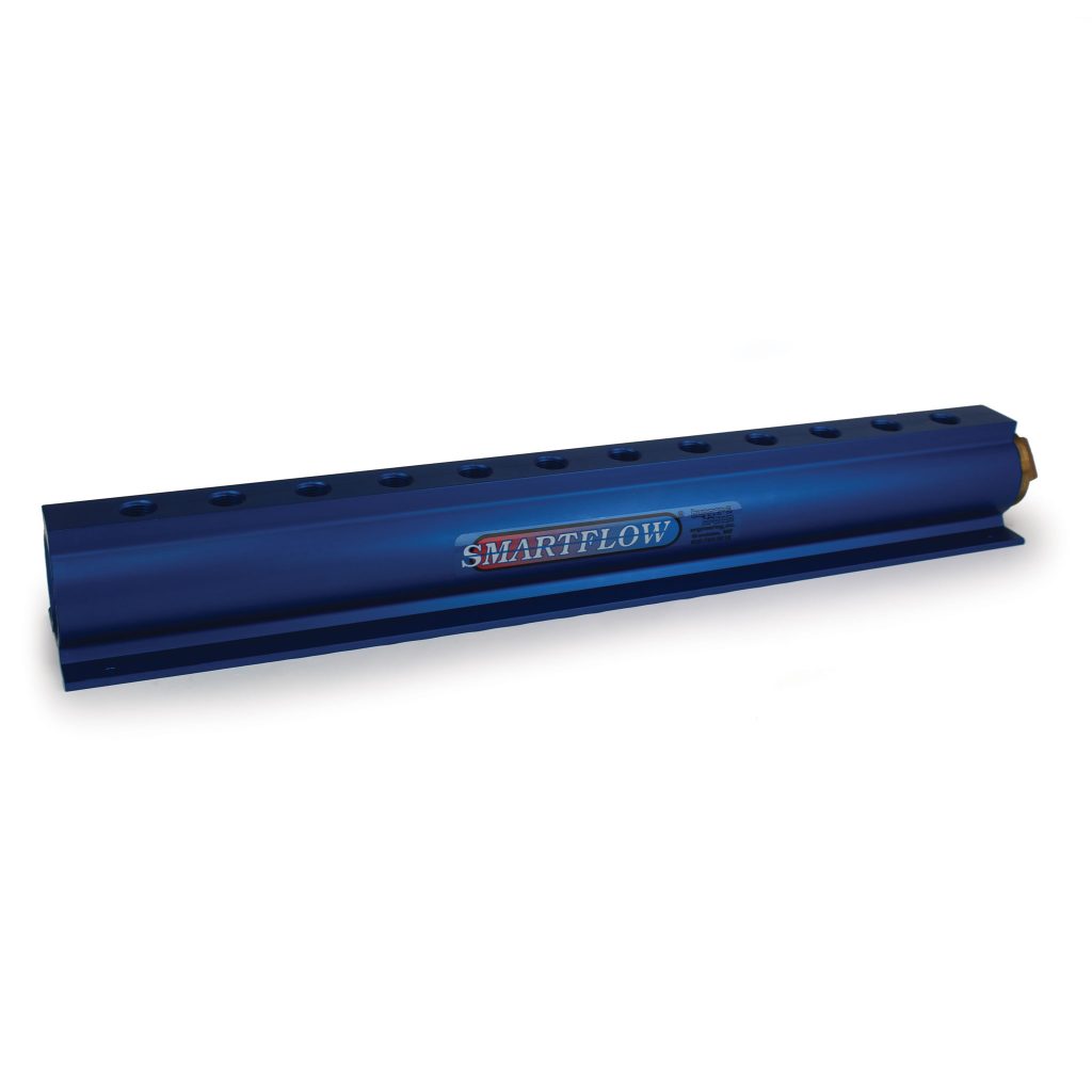 Manifold, Blue Aluminum, (2) 2" Inlets and (12) 1/2" Ports, with (1) Bronze End Plug