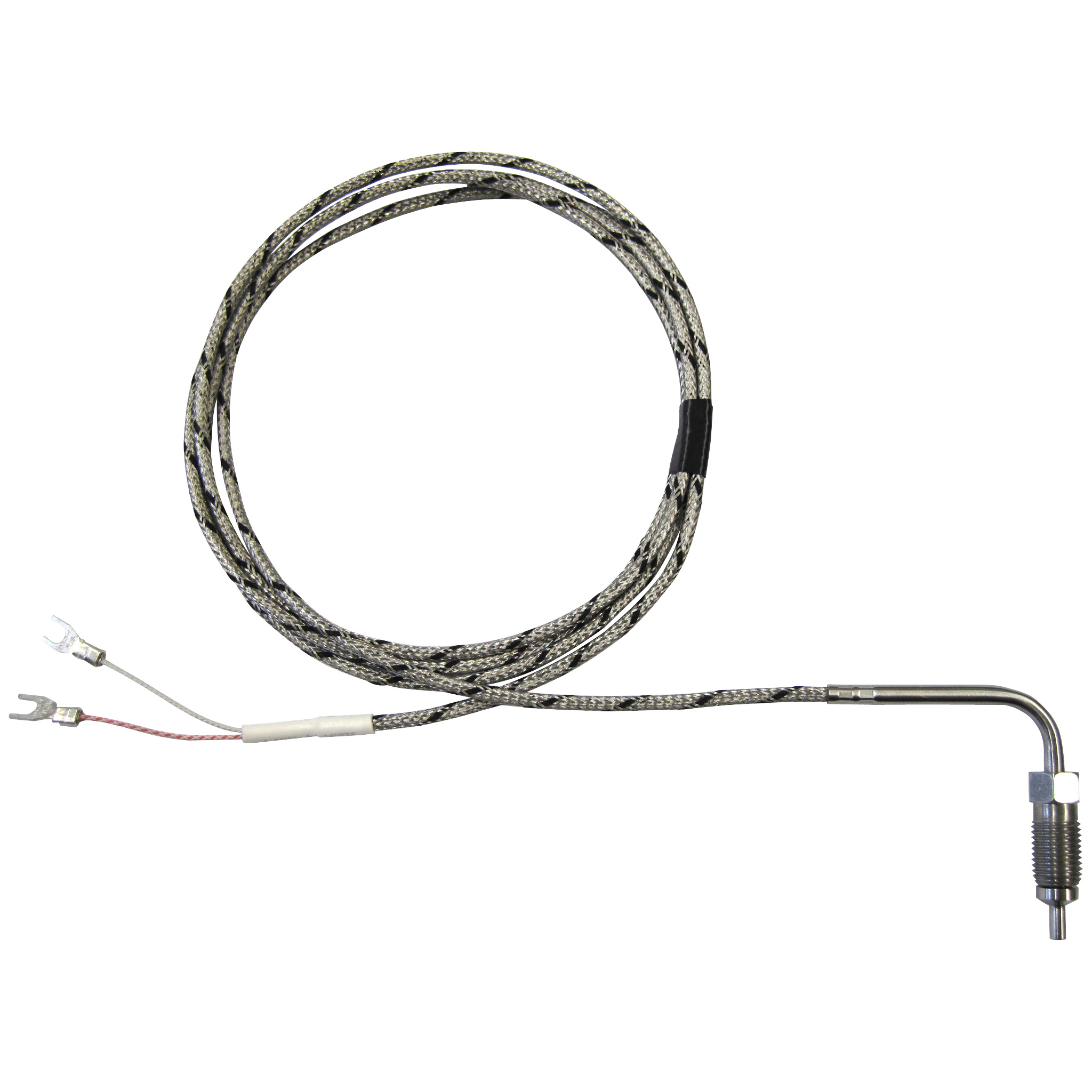 Thermocouple, Direct Melt Style B, Type J, Tungsten Tip, 144" SS Leads, Spade Lugs, 3/8"-24 Thread, Grounded - Image 1